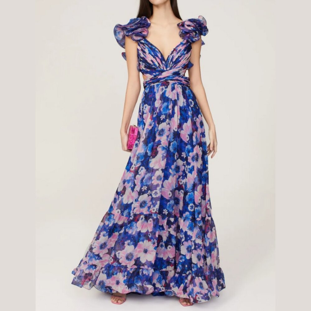 Mac Duggal Blue and Pink Floral Maxi Dress
